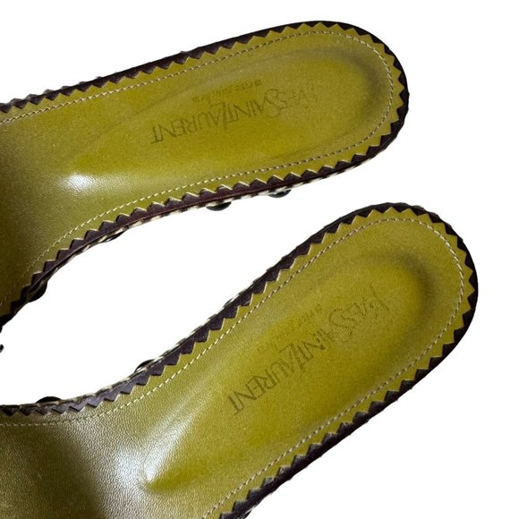 Vintage YVES SAINT LAURENT Green Leather Studded Wooden Slides Sandals Sz.10 - Picture 12 of 16
